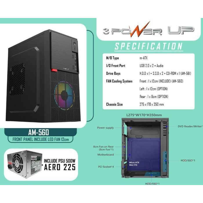 POWER UP CASING AEROMAX AM-560, CASE MINI TOWER M-ATX WITH PSU 500WATT + FAN CASE 12CM RGB