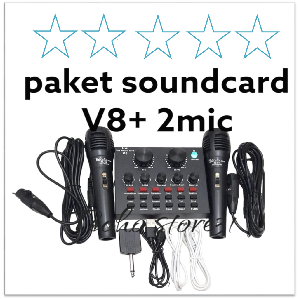 Satu Paket Sound Card V8 + 2 mic karoke Live Broadcast Mixer Bluetooth Audio USB External / Soundcar