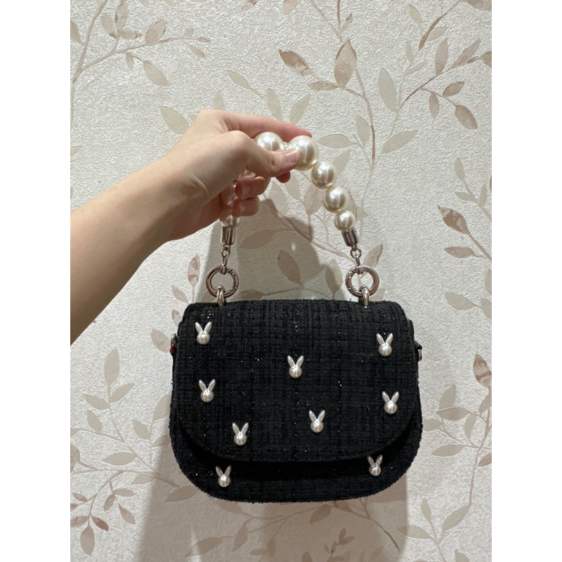 [Preloved] CK Charles & Keith Bunny Tweed Beaded Handle Bag Black Tas Selempang Second Charles and K