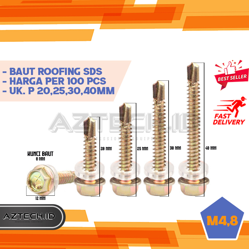 Baut baja ringan roofing sds sekrup 20mm,25mm,30mm,40mm kunci baut 8 mm