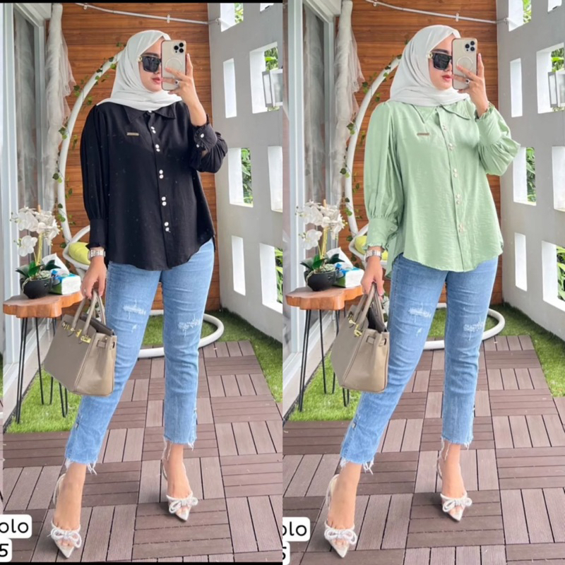 HESTI BLOUSE KEMEJA POLOS POLO LINEN LENGAN PANJANG LD 110 KANCING FULL AKTIF