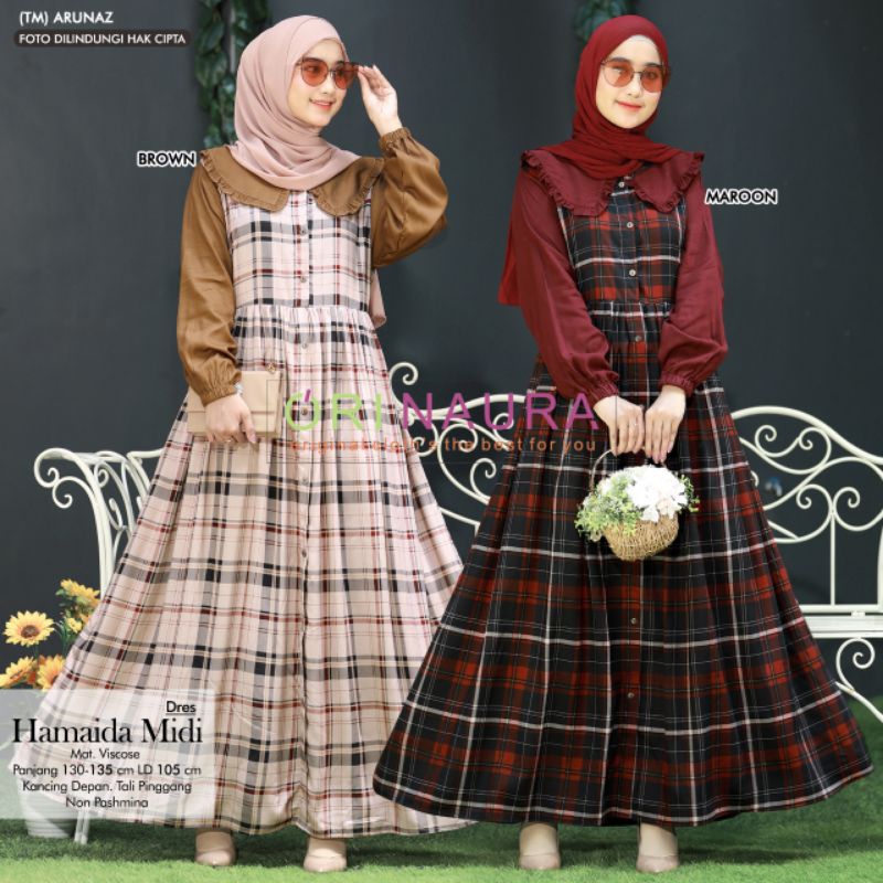 Midi Dress Orinaura / Original Naura Gamis Longdress Maxi Busui Katun Rayon Viscose Premium Kotak Ko
