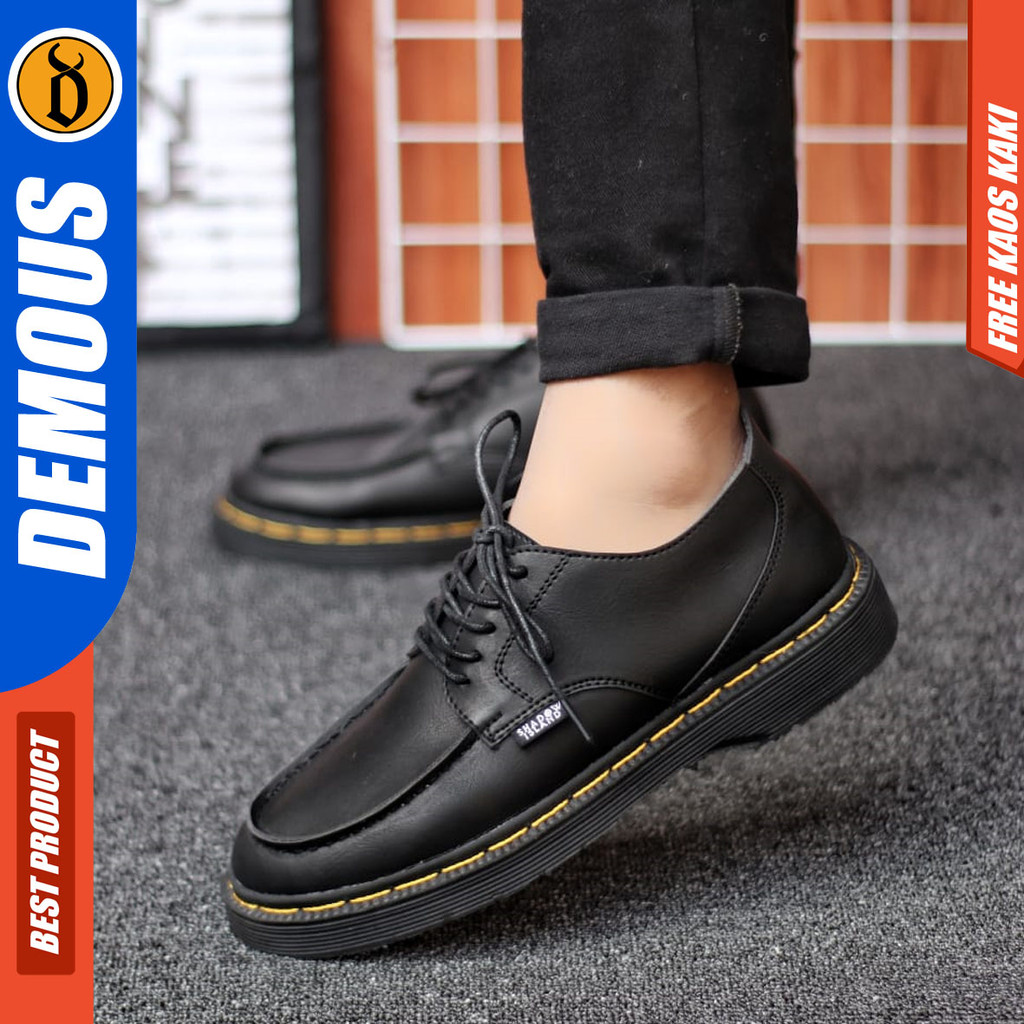 DEMOUS - Sepatu Formal Pantofel Pria Casual Kerja Docmart Hitam Kulit PU