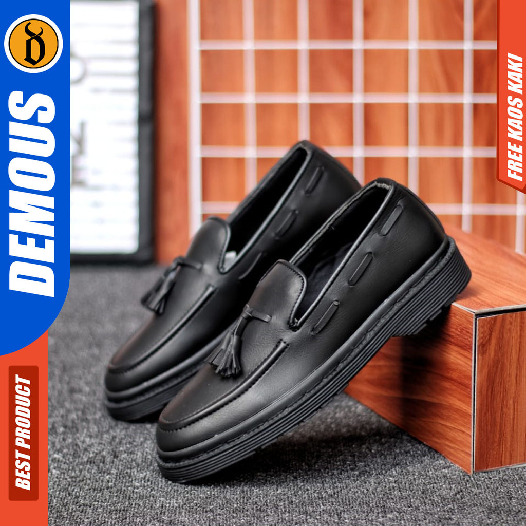 DEMOUS IZANA - Sepatu Loafers Docmart Pantofel Formal Pria Casual Kulit Hitam Kerja Pria