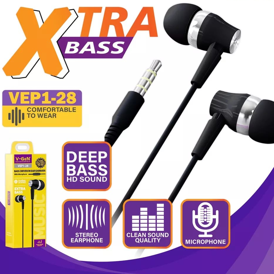 Earphone Headset  V-GEN VEP1-28 Wired Earphone Xtra Bass Hansfree Vep1 28 VGEN