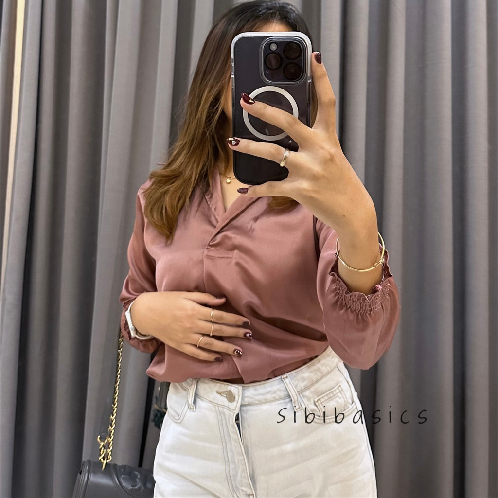 SIBIBASICS - Blouse Kemeja Bahan Satin Premium Lengan Kerut Standar dan Jumbo Atasan Wanita Korean Style