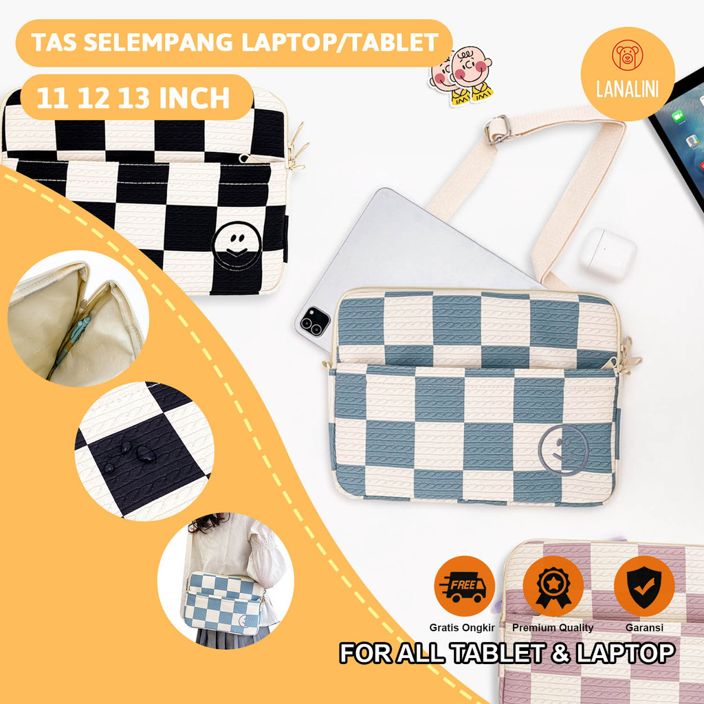 Sleeve Pouch Sarung Tas Bag Pillow Case Ipad Tab Tablet Macbook Air Pro Laptop Asus Acer Lenovo HP Huawei Samsung 11 12 13 14 15 inch Motif Smile Kotak Warna Hitam Biru Soft Blue Ungu Purple Lilac Lucu Cute Murah Korean Model Jinjing Tali Selempang