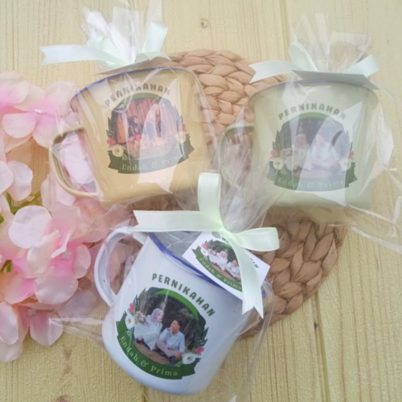 Souvenir gelas mug cangkir enamel custom kemas plastik pernikahan aqiqah khitan ultah