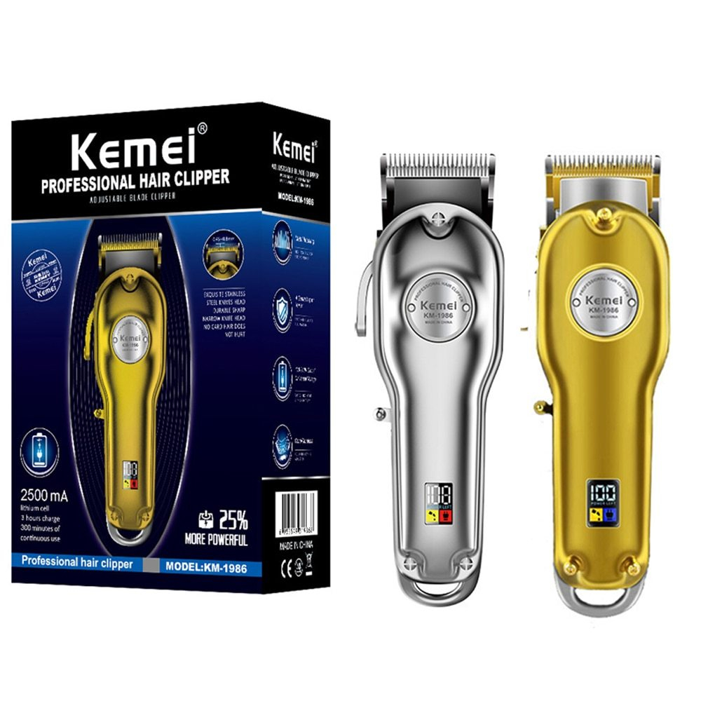 kemei km-1986 silver all metal digital LCD wireless hair clipper