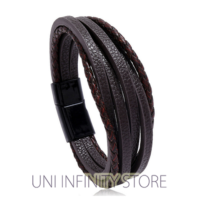 JWLB0355 Gelang Kulit Hitam Cokelat Magnet Simple 4 Tali 2 Anyam Pria Wanita Magnetic Four Straps Tw