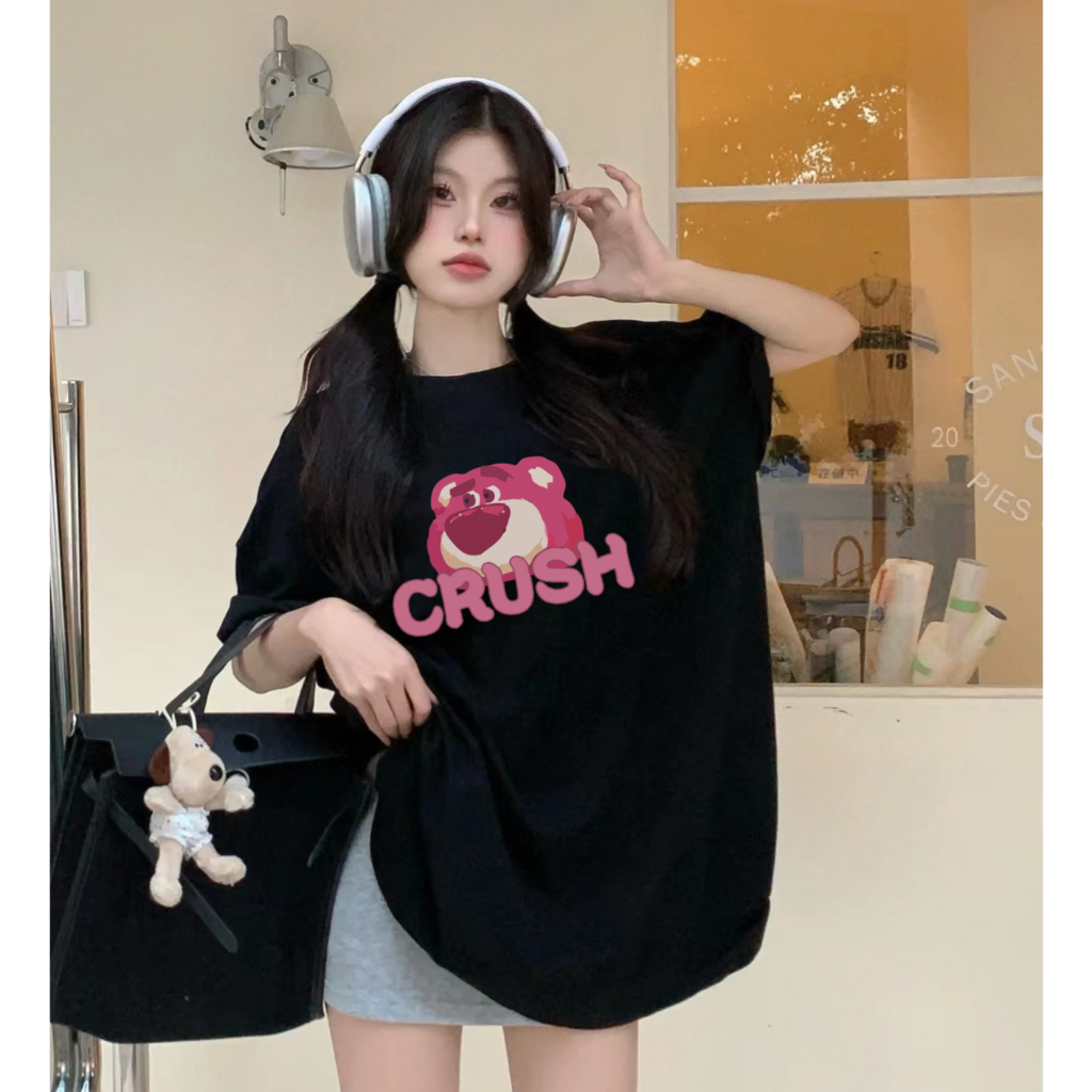 baju kaos wanita kekinian lengan pendek cartoon strawberry bear motif printed kaos hitam import