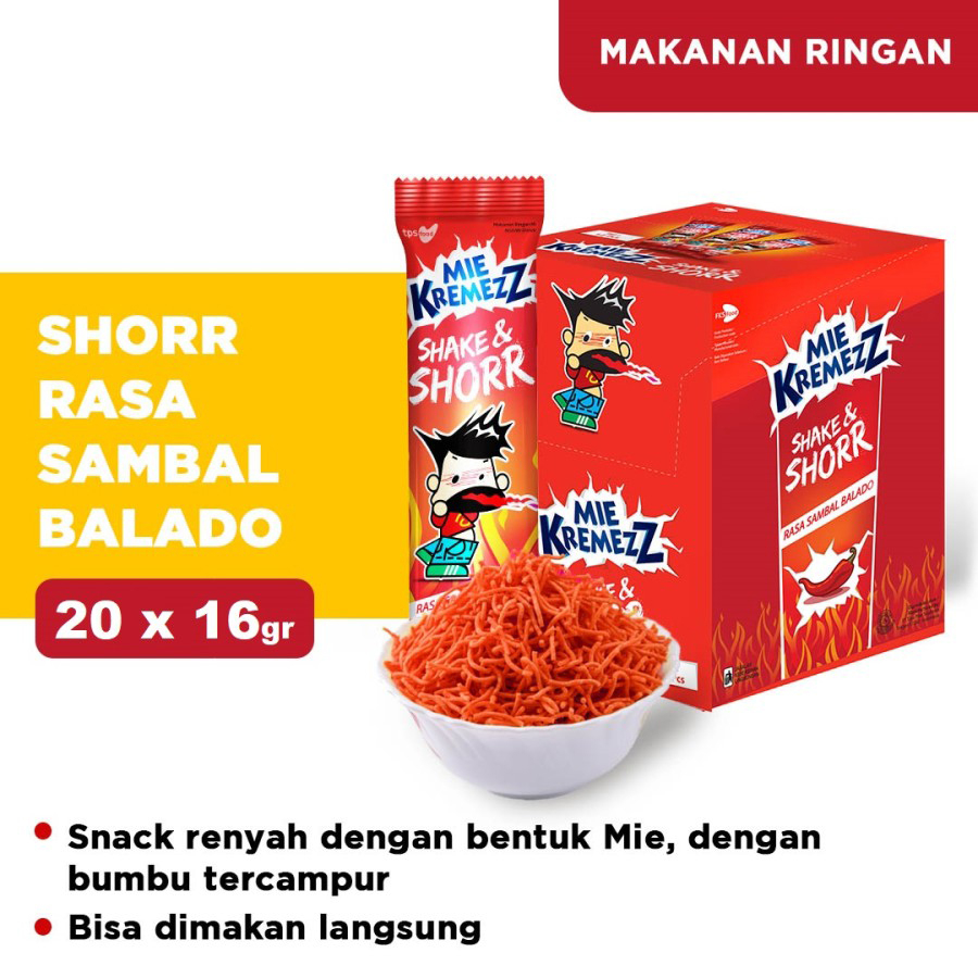 

Mie Kremezz Shake & Shorr rasa Sambal Balado Kemasan Box isi 20pcs