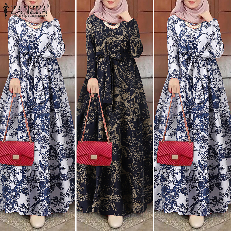 ZANZEA Women Long Sleeve O-Neck Lace Up Printed Tiered Muslim Long Dress