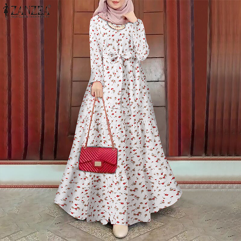 ZANZEA Women Retro Muslim Print Crew Neck Double Ruffle Irregular Hem Long Dress