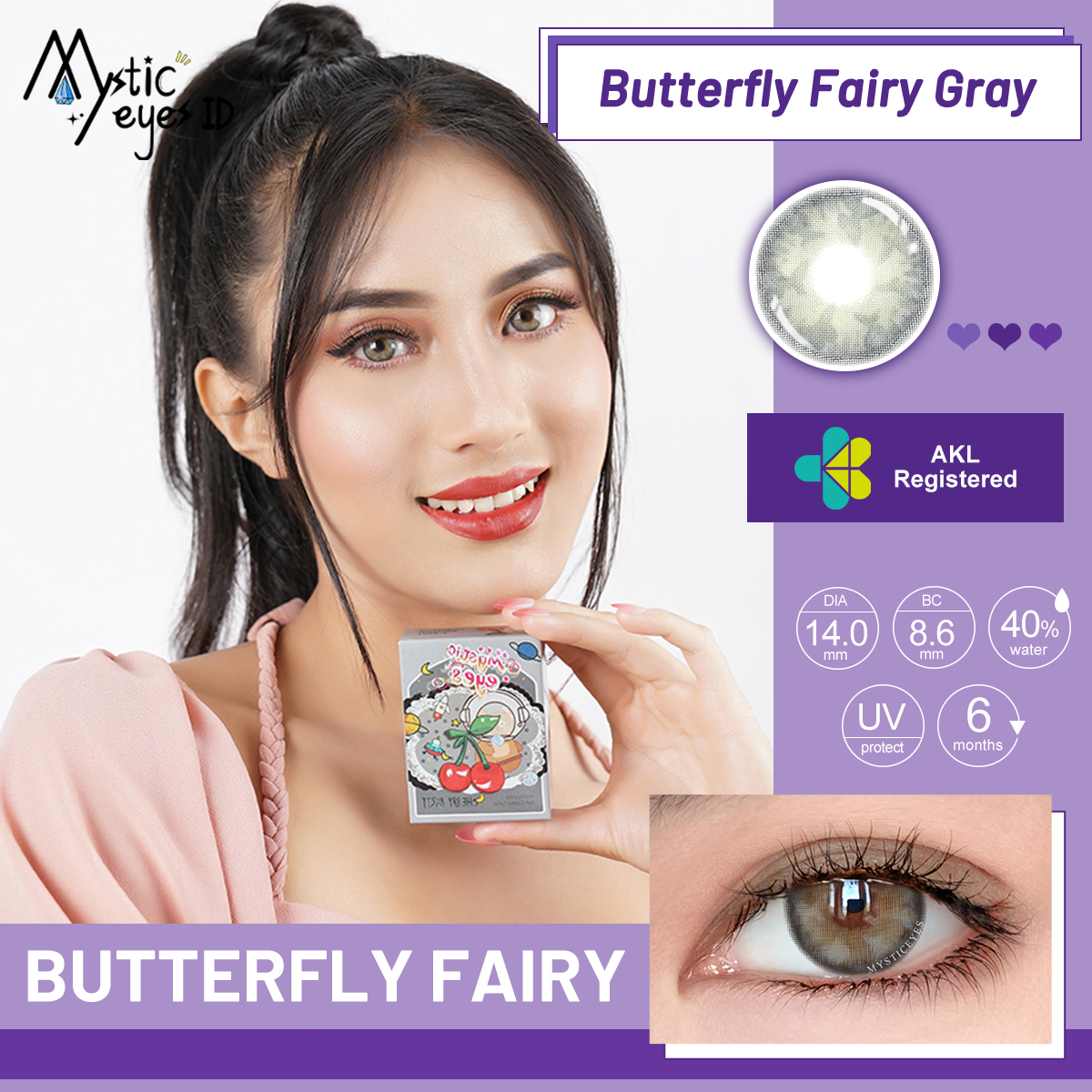 [✅COD] MYSTICEYES SOFTLENS Butterfly Fairy SERIES GREY PINK COLOR CONTACT LENS  NORMAL 14.0 MM