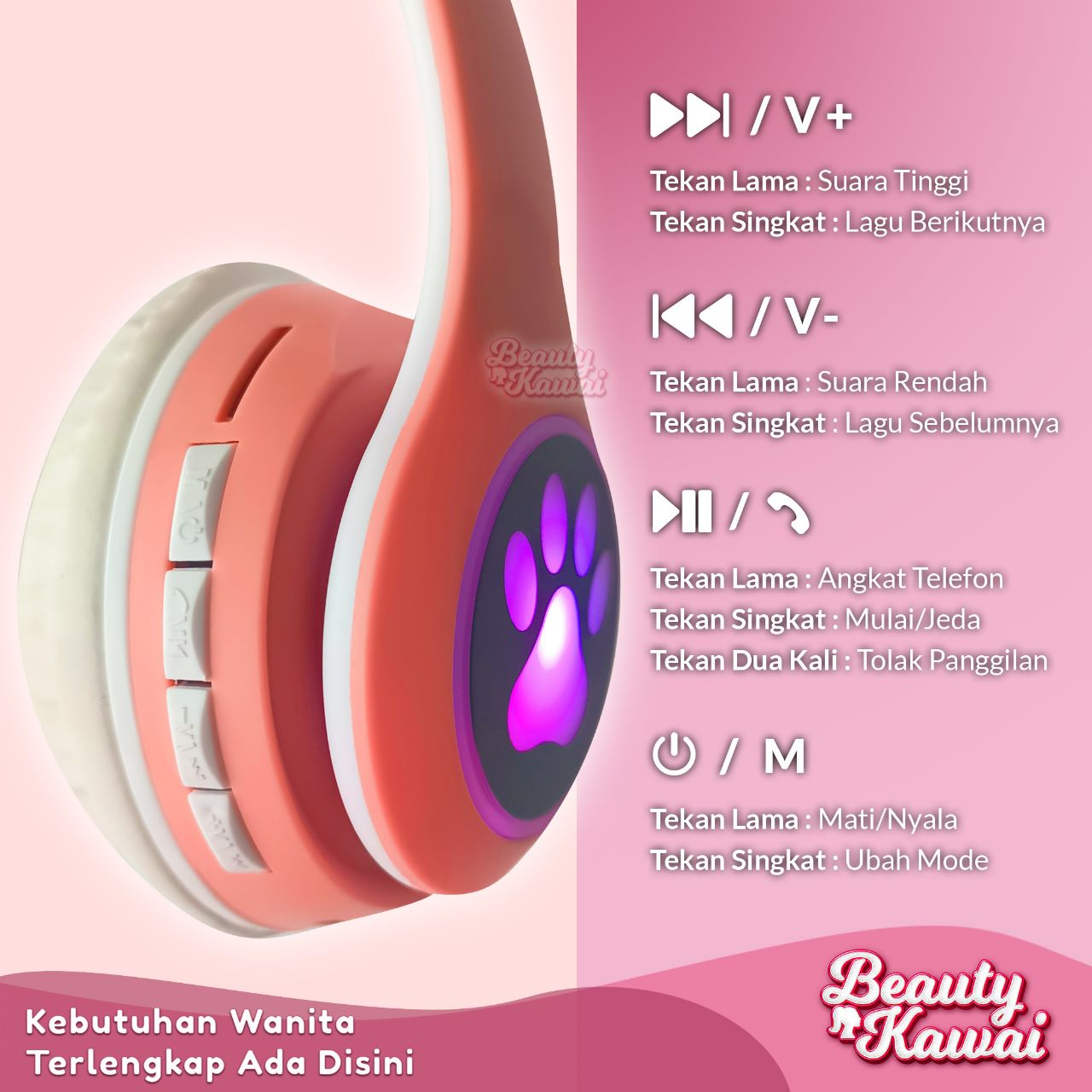 Headset Kucing LED TWS Bluetooth 5.0 Headphone Extra Bass