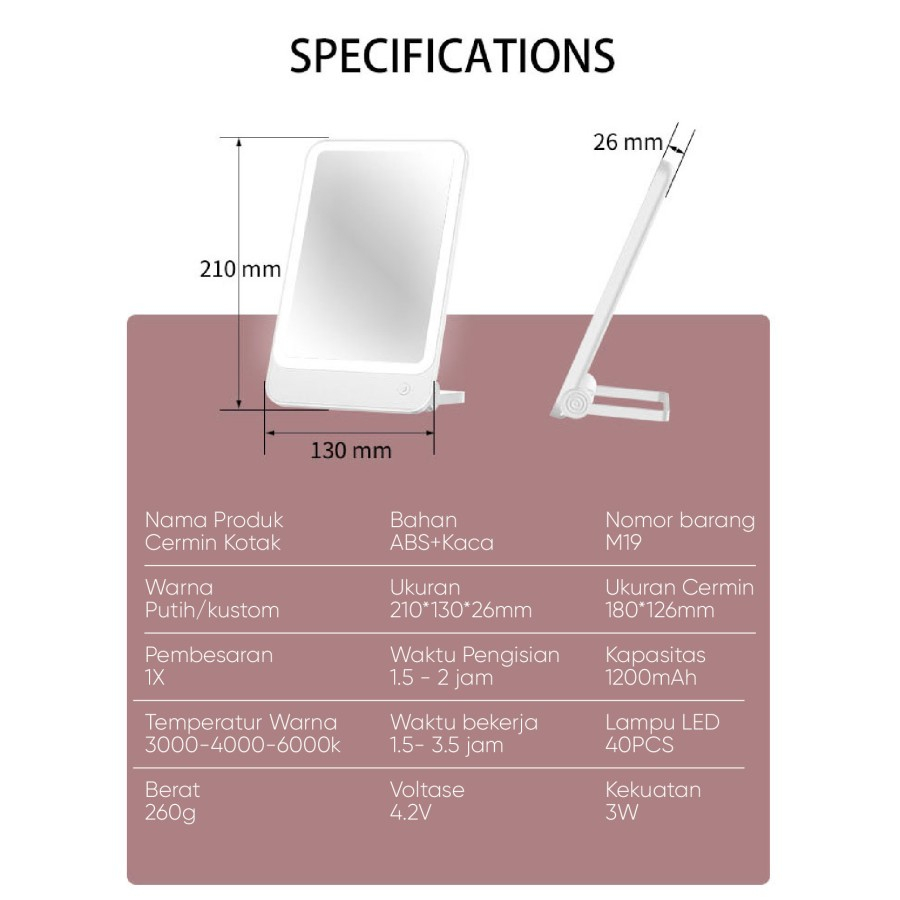 BOMIDI R1 Cermin Rias Makeup Mirror LED Kecil Lighting USB Charging Touch Aesthetic Dimmer Switch 3 Brightness Level Soft Light Rechargeable