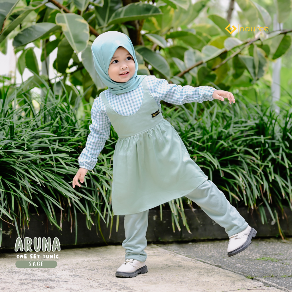 Nauree - Setelan Tunik Aruna One Set Dress Anak Perempuan Dress Panjang Atasan dan Celana Umur 1 2 3 4 5 6 7 8 Tahun Bahan Rayon Import Kualitas Premium Soft Polyester Motif Polos Plus Kerudung Dingin Nyaman Warna Cantik