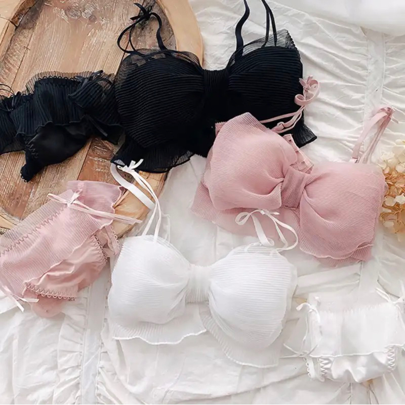 BH Pita Bra Ribbon Push Up Tanpa Kawat CD Sexy Bralette Korea Set Lingerie Pakaian Dalam Summer Biki