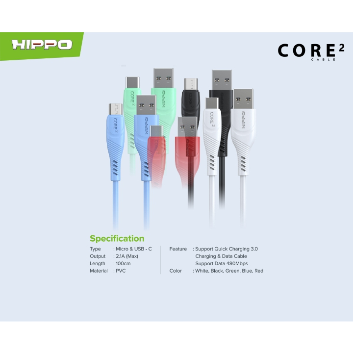 Hippo Core2 Kabel Data &amp; Cable Charger Quick Charge Fast Charging 3.0 2.1A