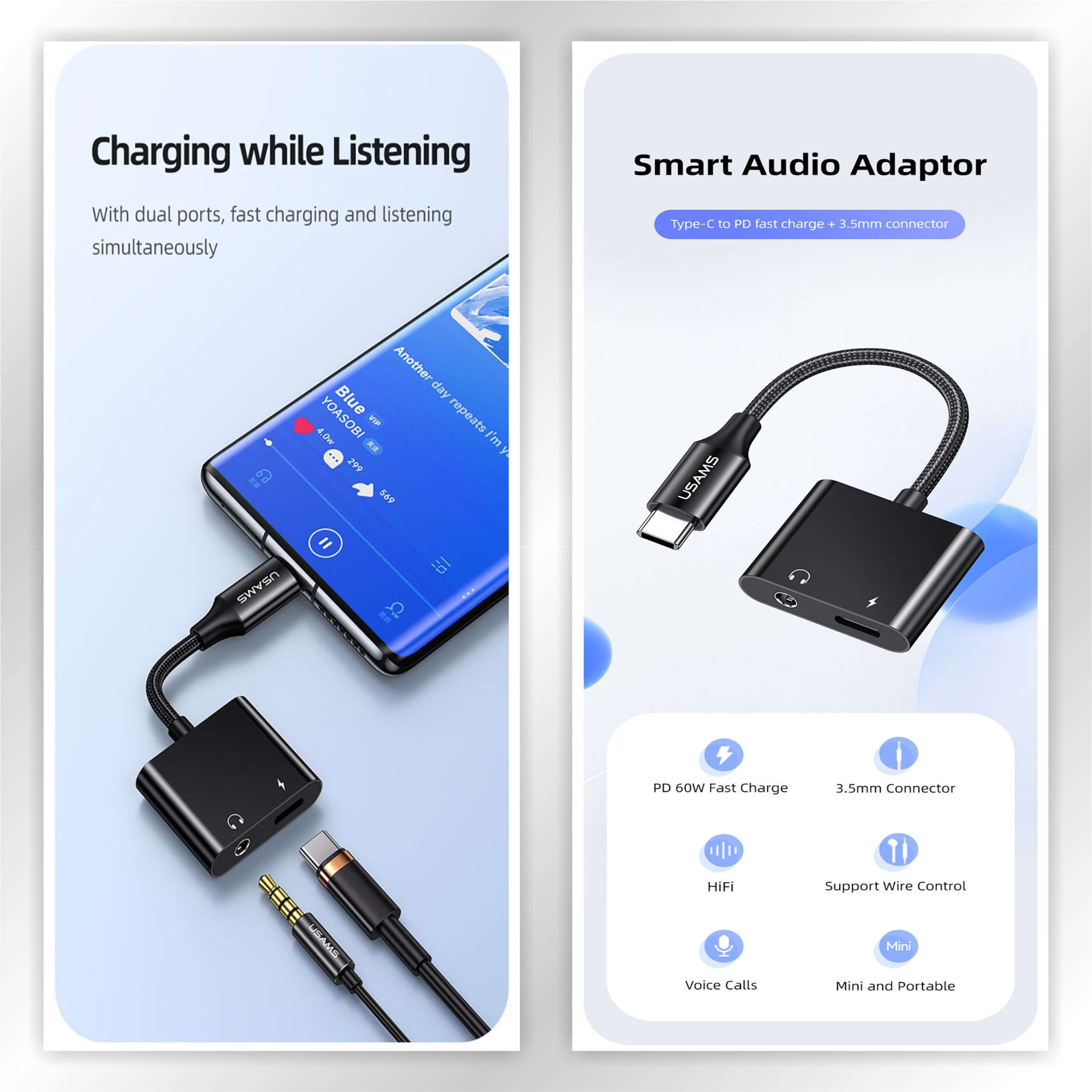 USAMS AU15 Audio Adapter Type-C to 3.5DC With PD 60W Charging Port