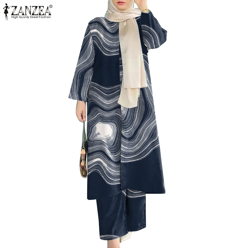 ZANZEA Women Muslim Fashion Long Sleeves Elastic Printing Side Slits Wistband With Pockets Suit