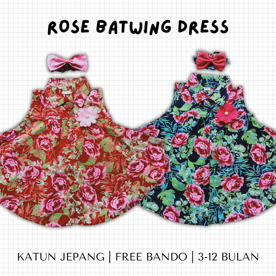 dress kelawar bayi katun baby perempuan ROSE BATWING DRESS 3-12 bulan dress bayi anak perempuan newborn free bando