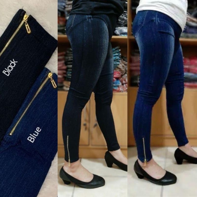 Legging Hw Jeans Zipper Wanita Premium Denim Import Terbaru Fit S-XXL Jumbo