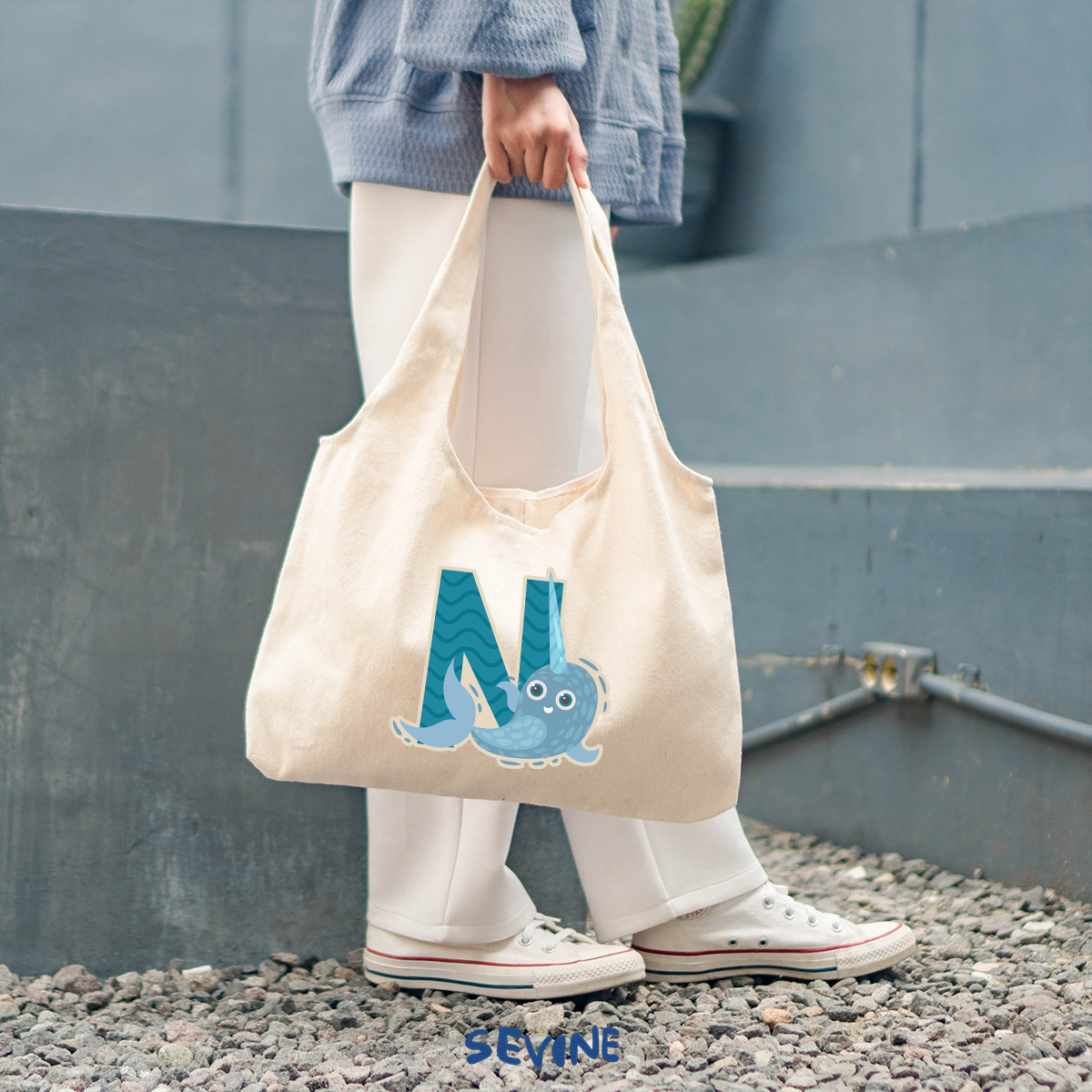 Sevine Tote Bag Kanvas Bonnie Tas Wanita Aesthetic Kuliah Fashion Laptop Sekolah Totebag Vintage Alphabet Series - XR