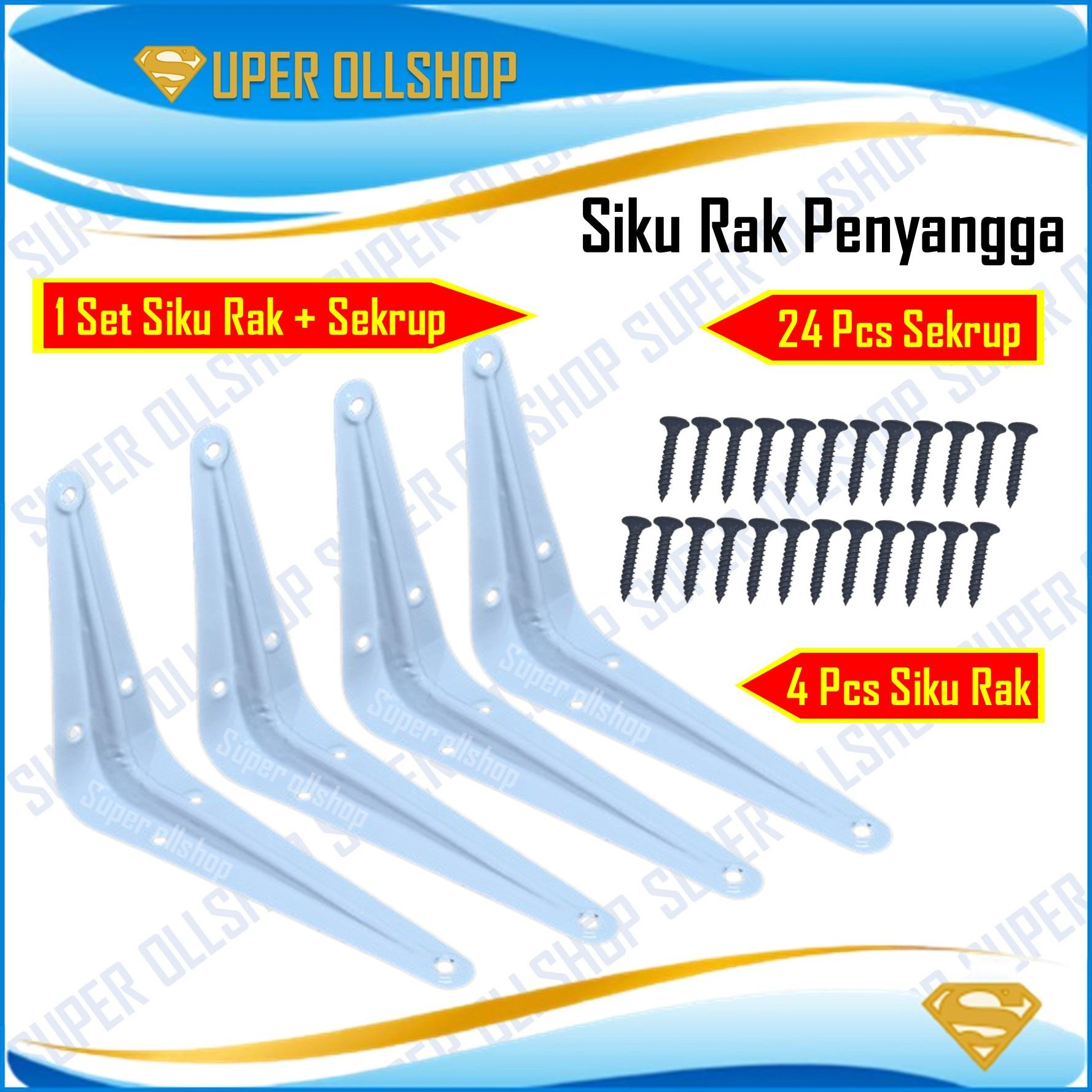 4 Pcs Braket Siku Rak Dinding L Penyangga Breket Shelf Bracket / Rak Dekorasi Ruangan 1 Set 4 Pcs Siku Rak 24 Pcs Sekrup