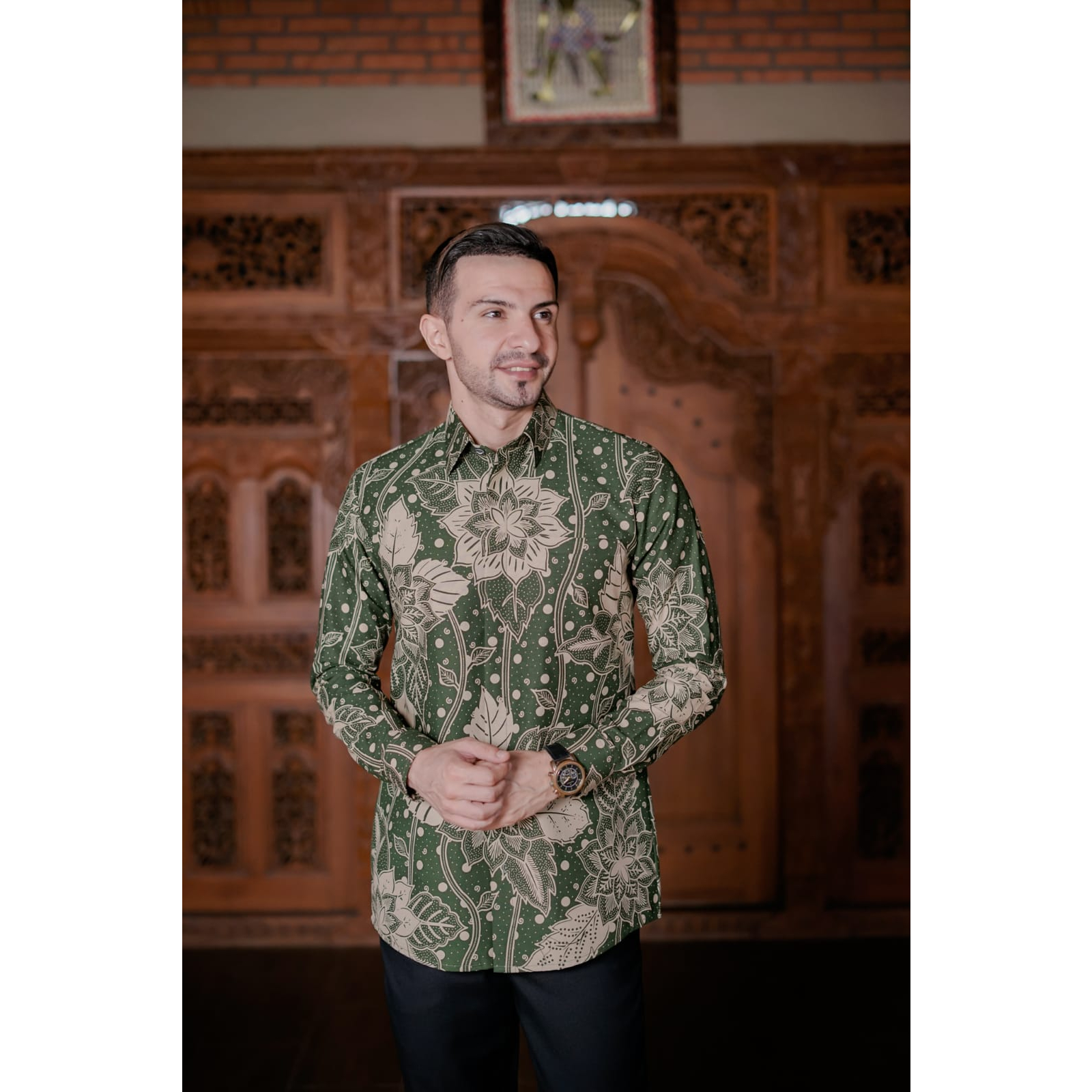 Baju Batik Pria Slimfit Lengan Panjang Lapis Furing Motif TERATAI Hijau