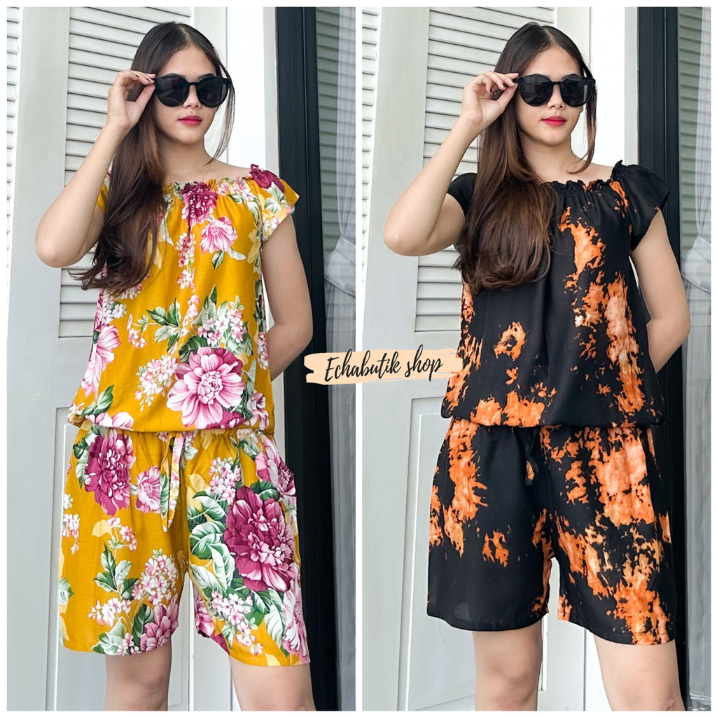 Jumsuit Sabrina Pendek Bali Abstrak