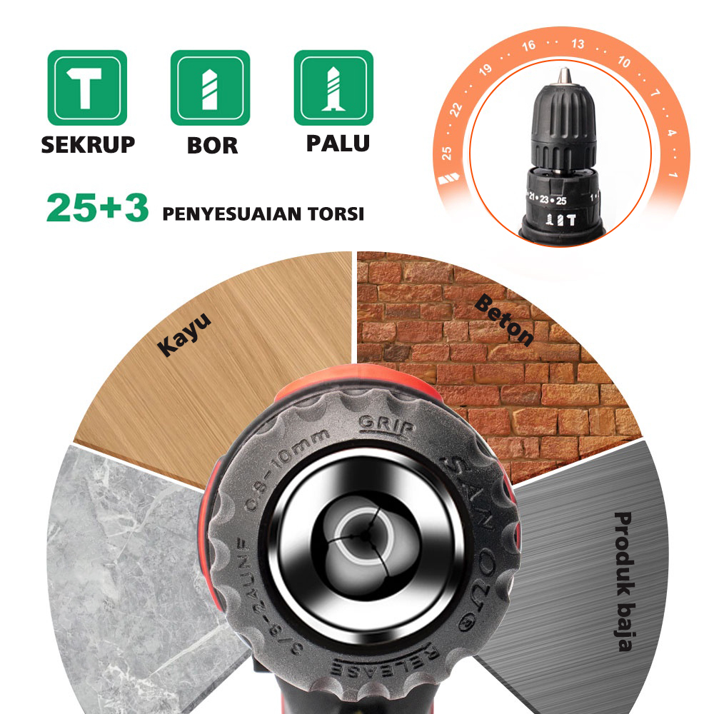 COD! 388VF Mesin Bor 2Baterai Cas 10mm Bor Listrik Murah Bor Baterai Besi Tembok Beton Kayu - Bor Cordless With 2 Baterai Bor Impact Baterai