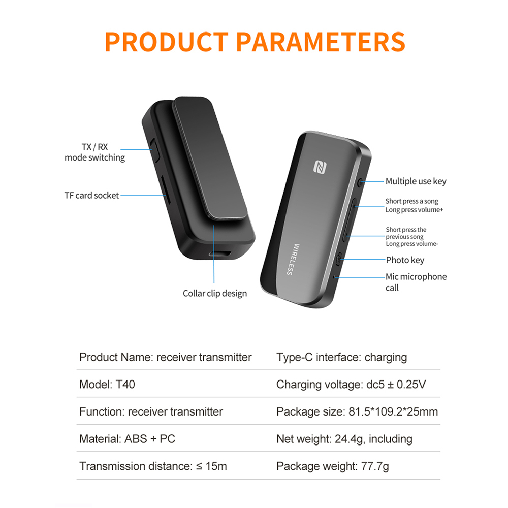Kebidumei Bluetooth 5.1 Transmitter Receiver Adapter Audio NFC 3.5mm - T40 - Black
