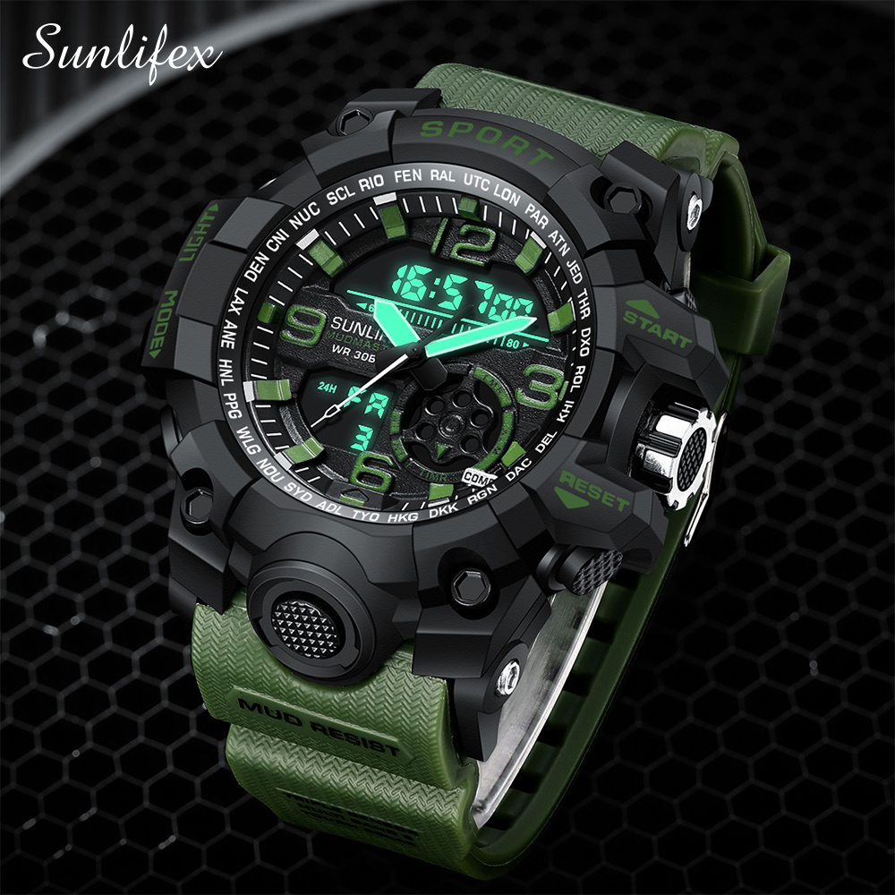 Sunlifex Jam Tangan Pria D002 Original Olahraga Jam Digital Multifungsi Tali Silikon Jam Tangan Cowok-Green