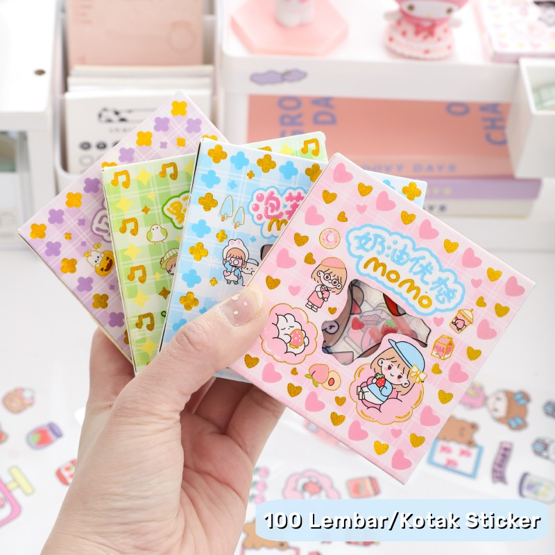 

100 lembar/kotak Stiker motif kartun korea lucu anti air Sticker momo aesthetic imut waterproof Dekorasi journaling handbook scrapbook diy cute cartoon anak perempuan