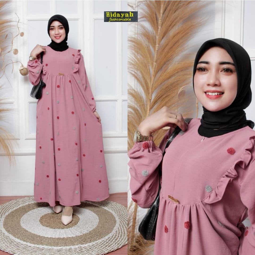Hidayah Dress Pom Pom Bahan Crinkle Airflow Premium Size  XL - XXL- XXXL / Gamis Murah 2023 Busui Zi