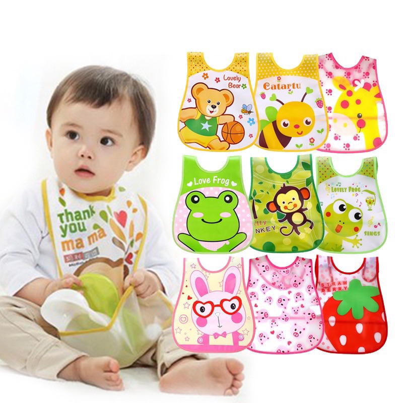 MJ88 Celemek Bayi / Bibs / Slabber / Tatak Iler /Slaber Eva Waterproof  Anti Air /Celemek Bayi Plastik /Apron /Alas Makan / Slabber Bayi Waterproof Motif Kartun Lucu Super Murah