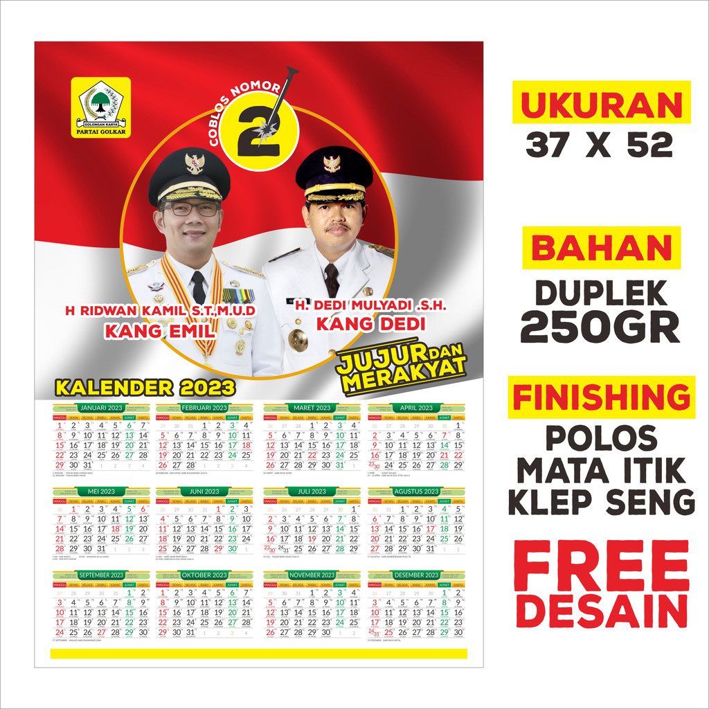 MINIMAL 2000PCS UKURAN BESAR KALENDER DINDING CALEG 37 X 52 CM // PILKADA