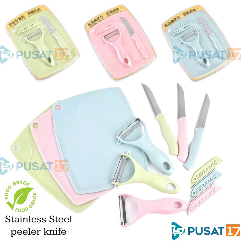 BG-SKIN PISAU SET TALENAN 3IN1 STAINLESS PISAU PENGUPAS BUAH SAYUR DAPUR KNIFE PEELER FRUIT CHOPPING BOARD