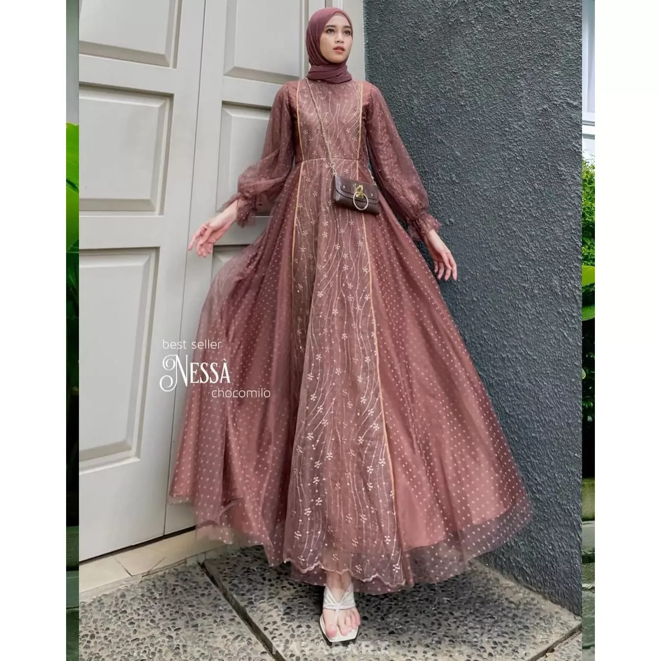 Nessa Series Dress Maxy Baju Pesta Wanita Muslim Gamis Terbaru 2023 Dress Kondangan Wollycrepe Mix Brukat Tille Dot