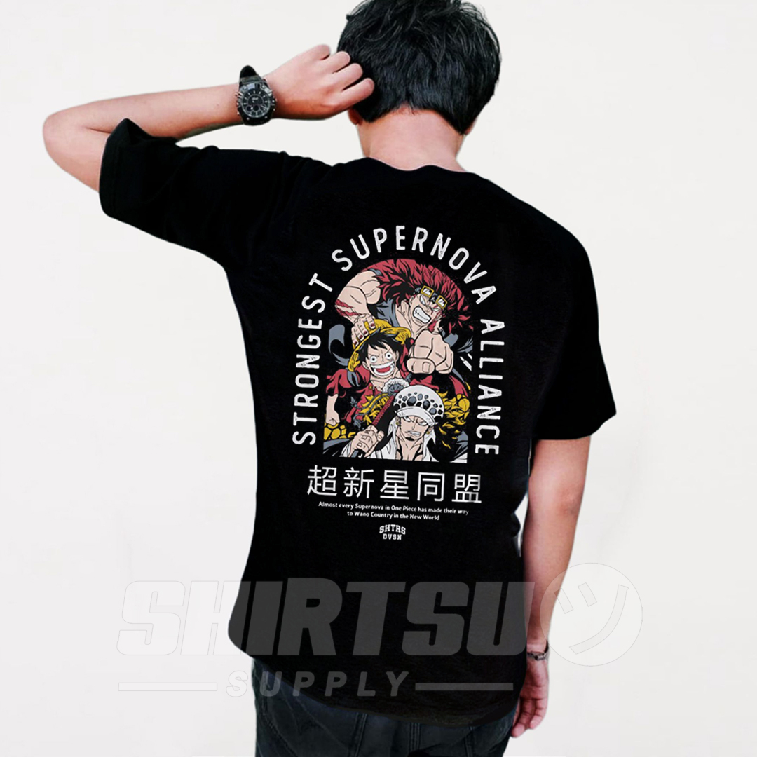Shirtsu Supply Baju Kaos Merchandise T Shirt Distro Pria Anime Bounty Wanted Monkey D Luffy Kid Law 