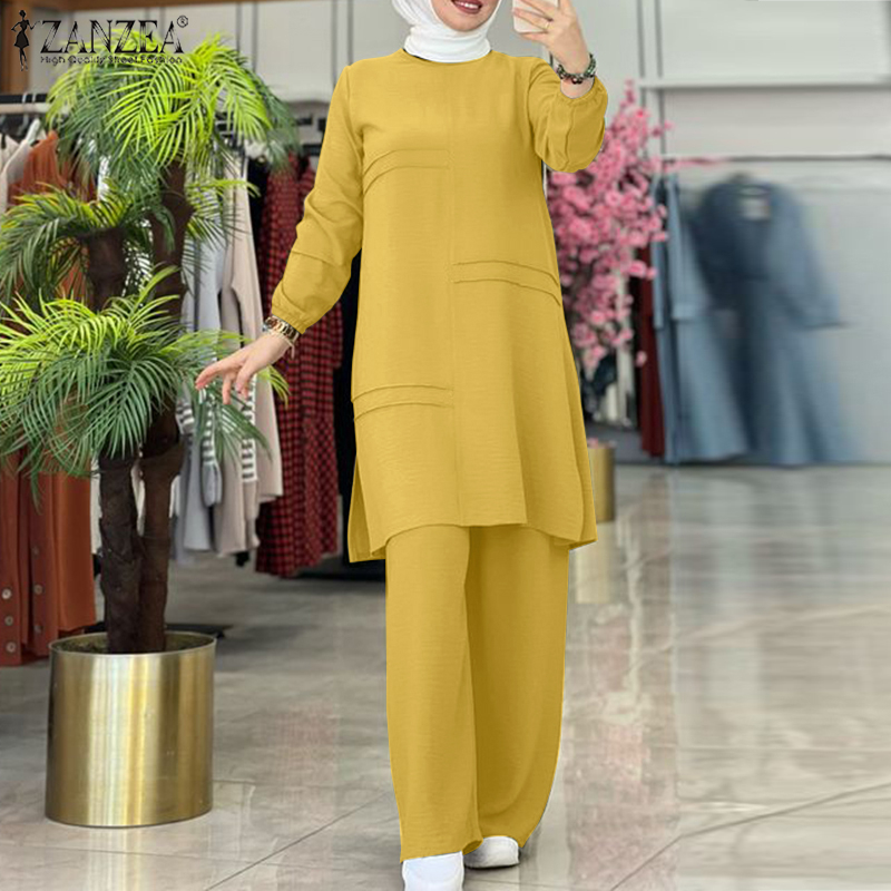 ZANZEA Women Commuting Casual Cover Up Irregular Design Elastic Waist Wide Leg Pants Muslim Suit