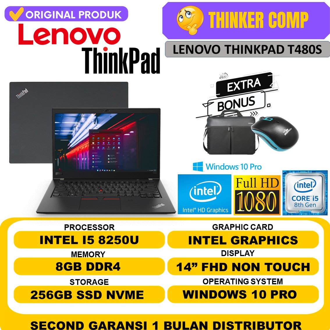 Laptop Bisnis Murah Lenovo Thinkpad T470 / T480 / T480S / T490 / T490S Intel i5 Gen 8 Ram 8GB 256GB SSD Win 10 Pro