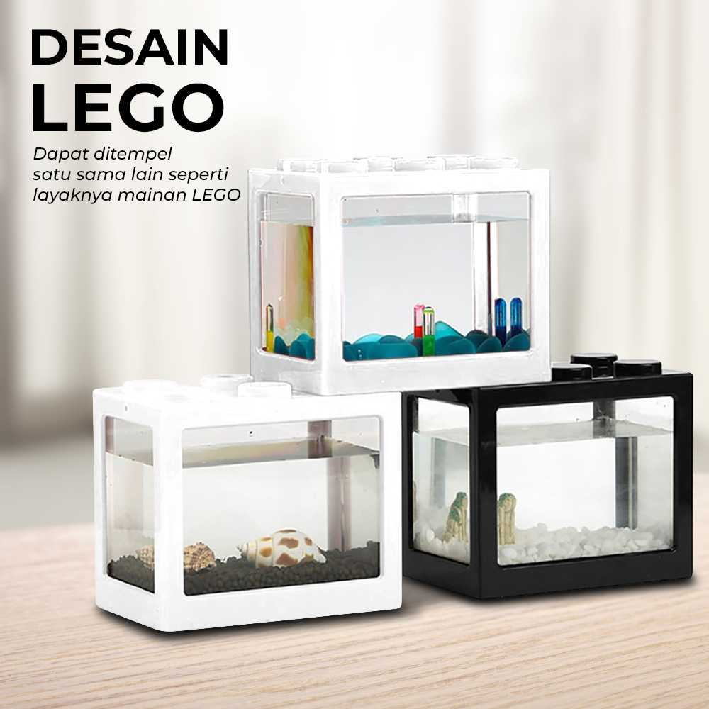 Aquarium Mini Lego Block 4 Windows 12x8x10cm White LED Akuarium Kecil Desain Unik LED Berkualitas