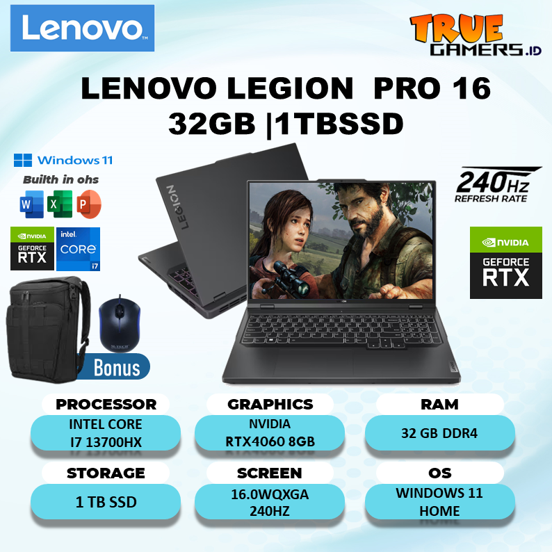 Laptop Lenovo Legion Pro 5 16 RTX4060 8GB I7 13700HX 32GB 1TBSSD W11+OHS 16.0WQXGA 240HZ 4ZRGB