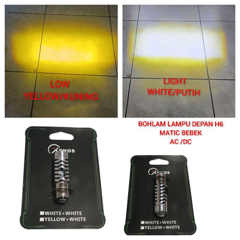 Bohlam lampu depan laser H6 matic bebek AC DC merk XENOS Lampu depan H6 LED yellow + white senja biru