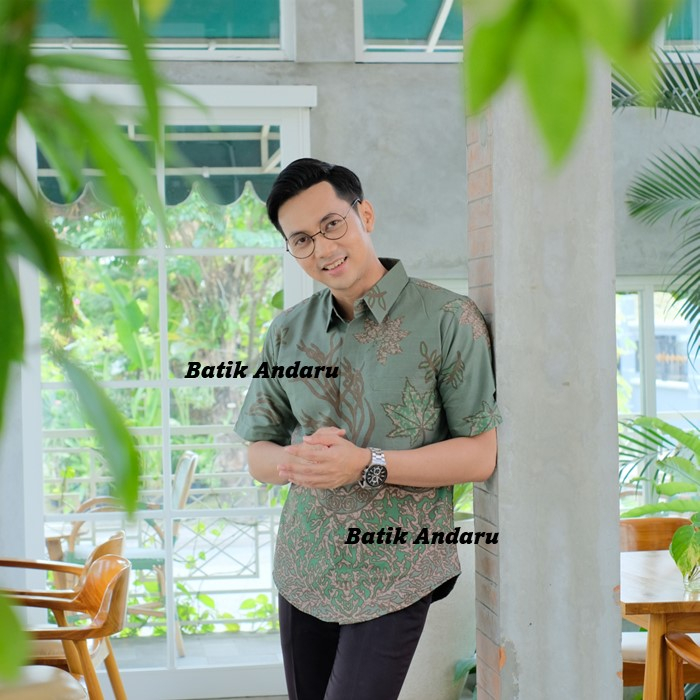 Baju Batik Pria Slim Fit Lengan Pendek Modern Heem Elegant Kualitas Premium Warna Hijau Sage