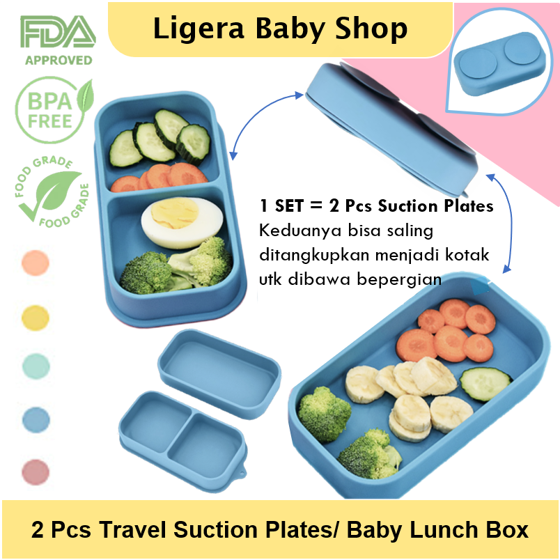 LIGERA 2in1 Travel Baby Suction Plates / Silicone Lunch Box / Piring Sekat Anak Bayi Anti Tumpah