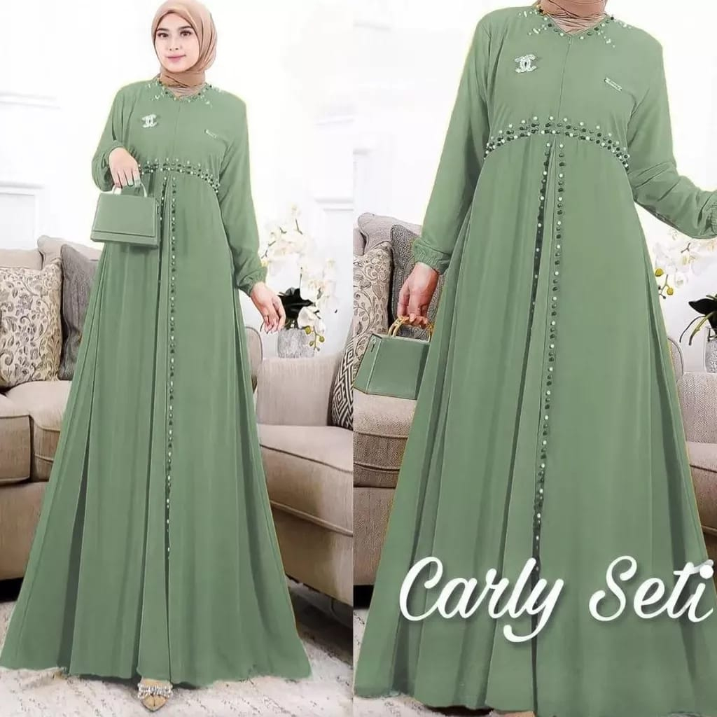 Carly Seti Maxy Aplikasi Mutiara Dress Kondangan Gamis Ceruty Babydoll Full Furing Gaun Pesta Muslimah